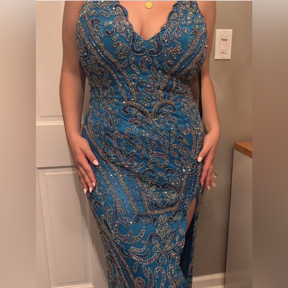 Primavera Couture Turquoise Embellished Dress